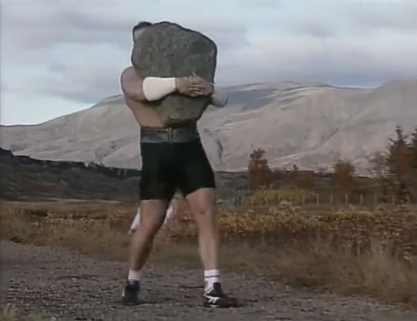 Magnús Ver Magnússon carries the Húsafell Stone during World's Strongest Man 1992.