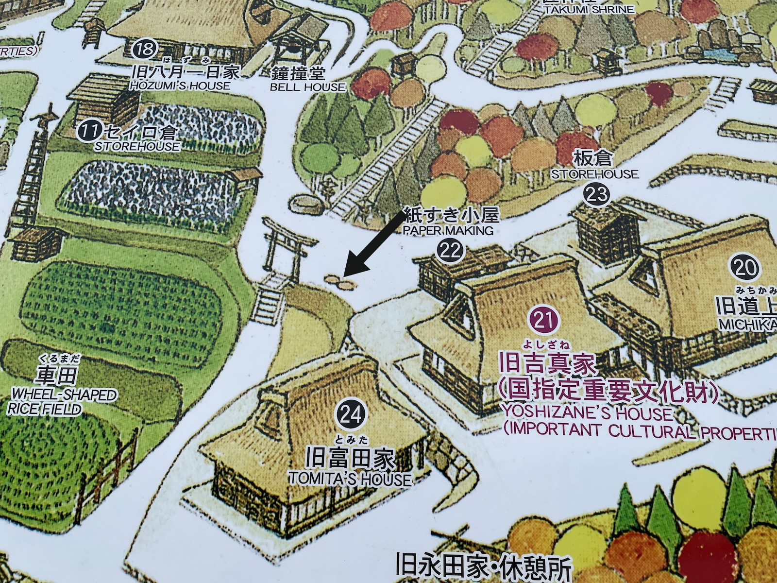 A close up of the museum map. Two small egg-shaped objects are depicted near the torii gate. An arrow points to the stones on the map.