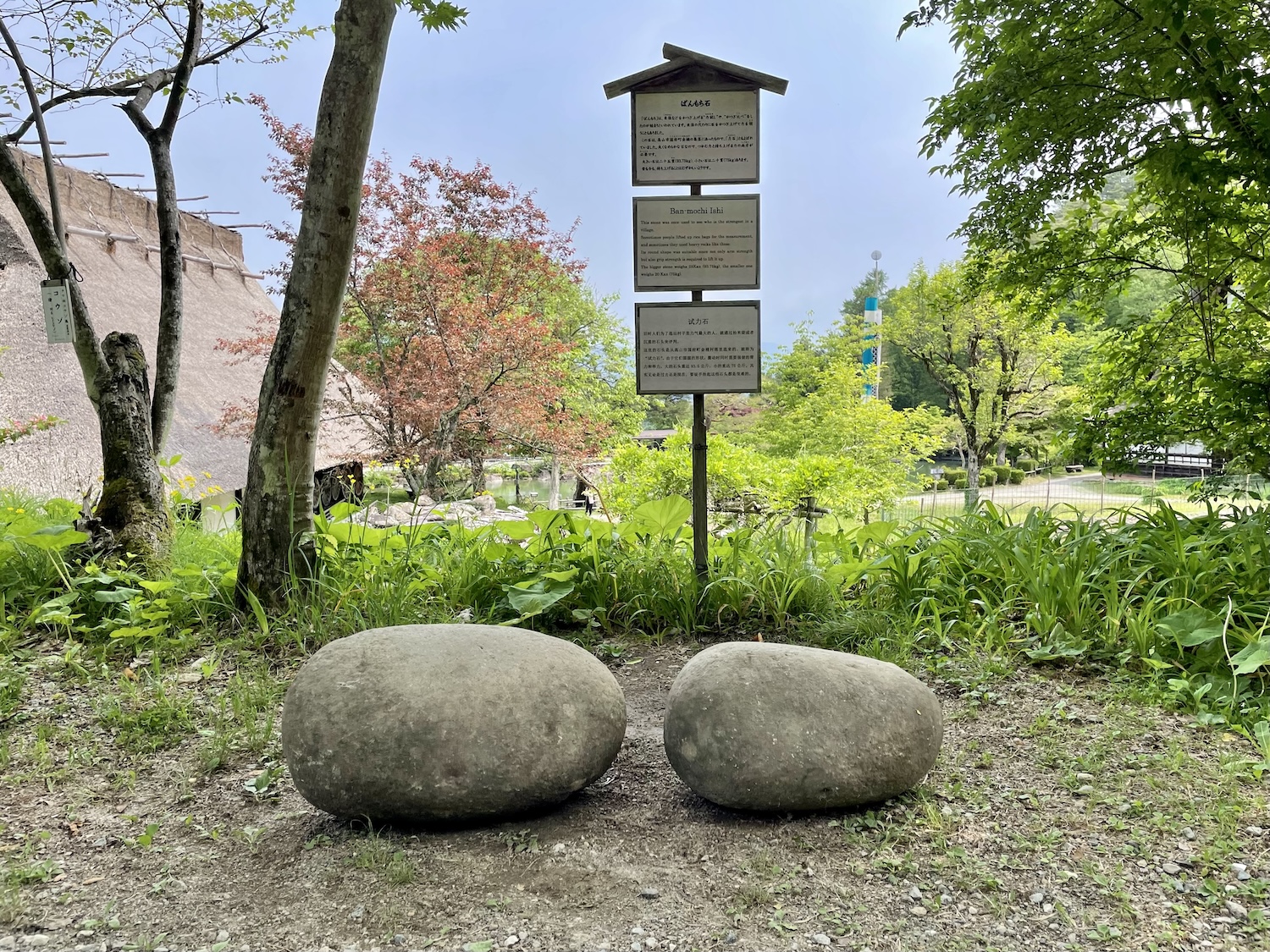 A pair of roughly egg-shaped stones on the ground. The stone on the left side is visibly larger than the one on the right. A thin signpost holds three pieces of text, each in a different language.