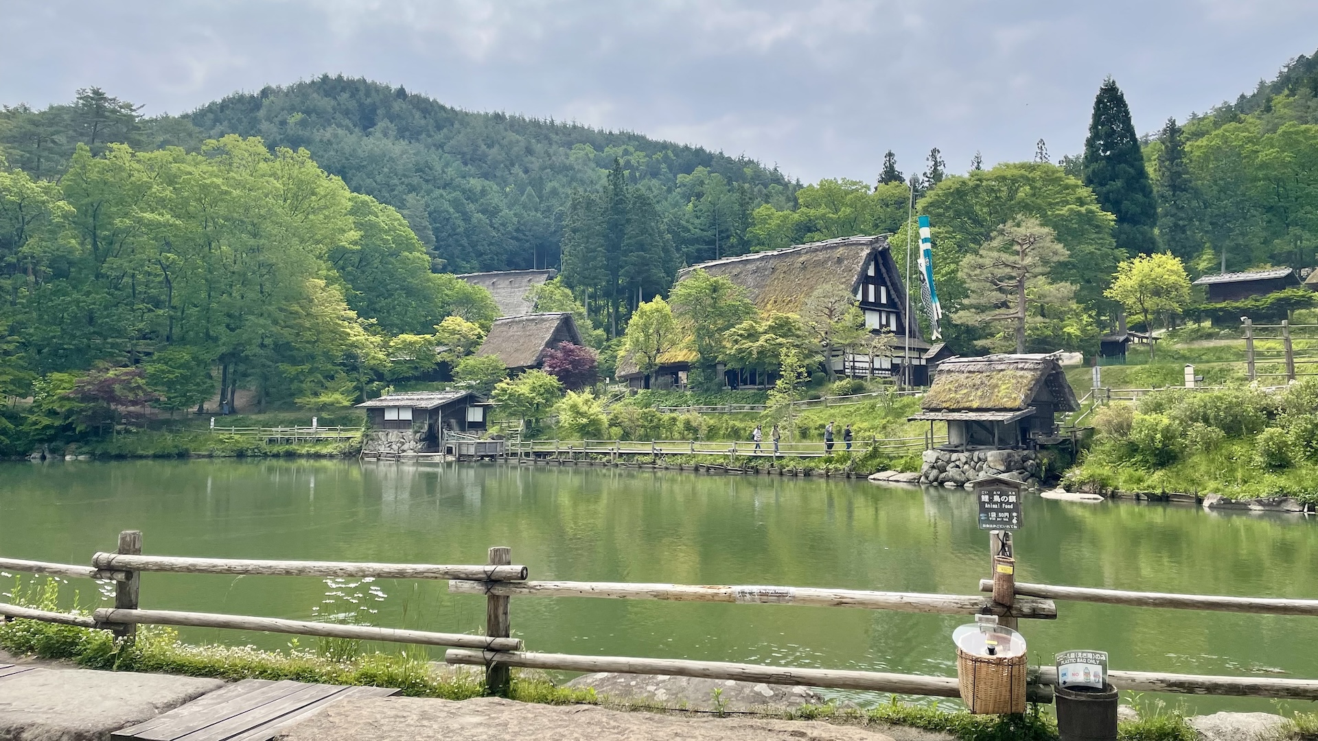 A large pond on a spring day. In the background, a large high-ridged thatched house overlooks the pond.