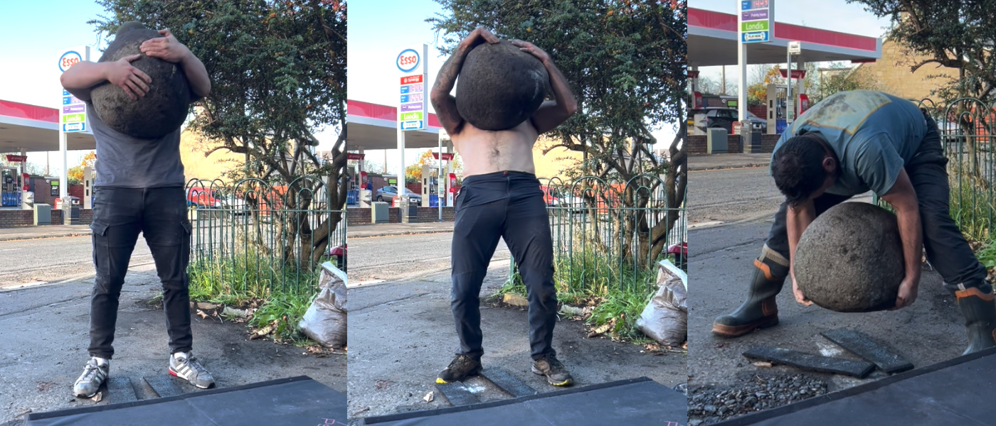 David Brodlie, Morgan Price, and Tony Fox lifting the Old Loans Stone