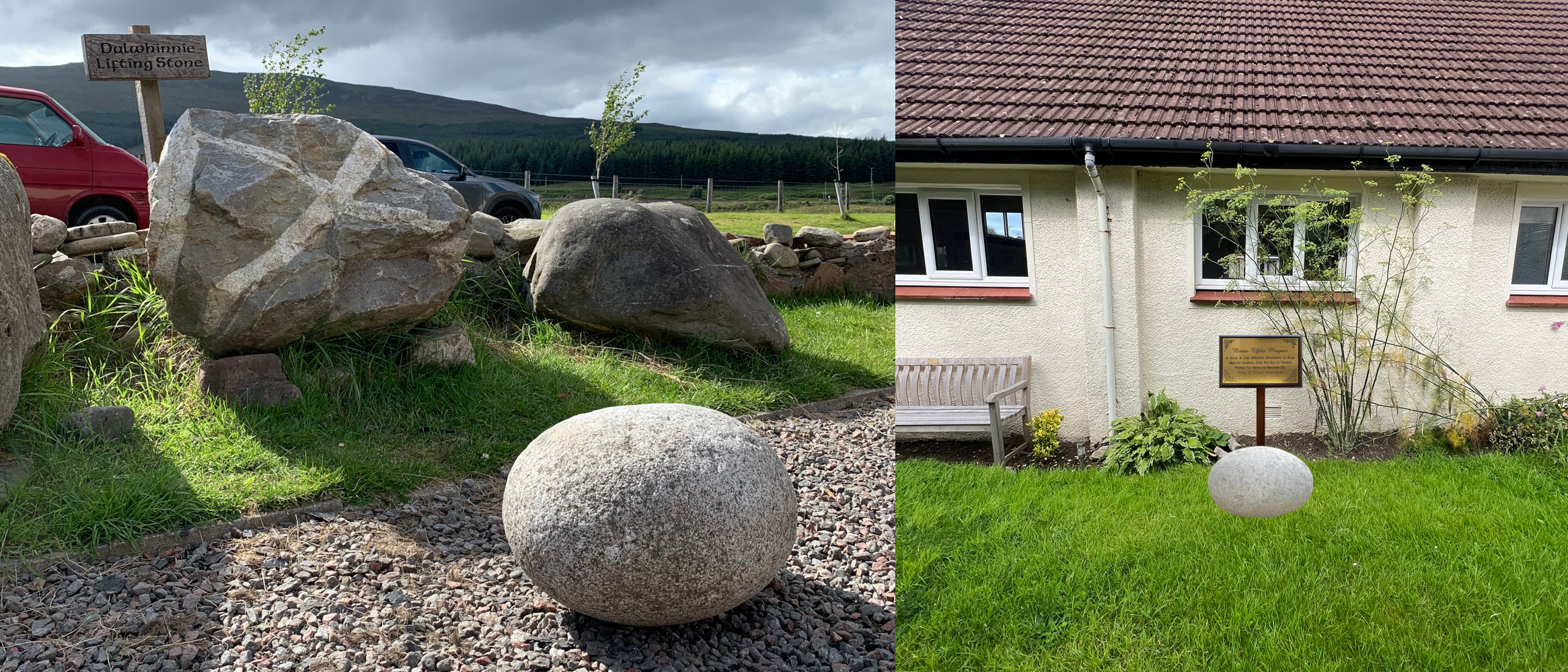 A mockup concept showing the Dalwhinnie Stone sat next to a small signpost with its name on the right, on the left a stone has been photoshopped onto some grass with a similar sign.