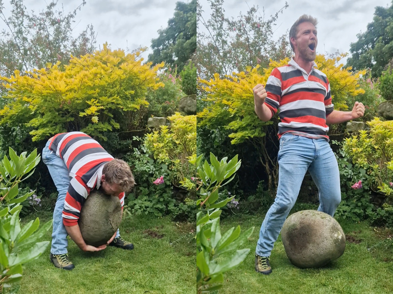 A side-by-side stitch of Calum lifting the Lonton Egg and cheering. On the left, the stone is a few centimeters off the ground in Calums arms. On the right, calum is standing straight up over the stone with clenched fists and cheering in delight.