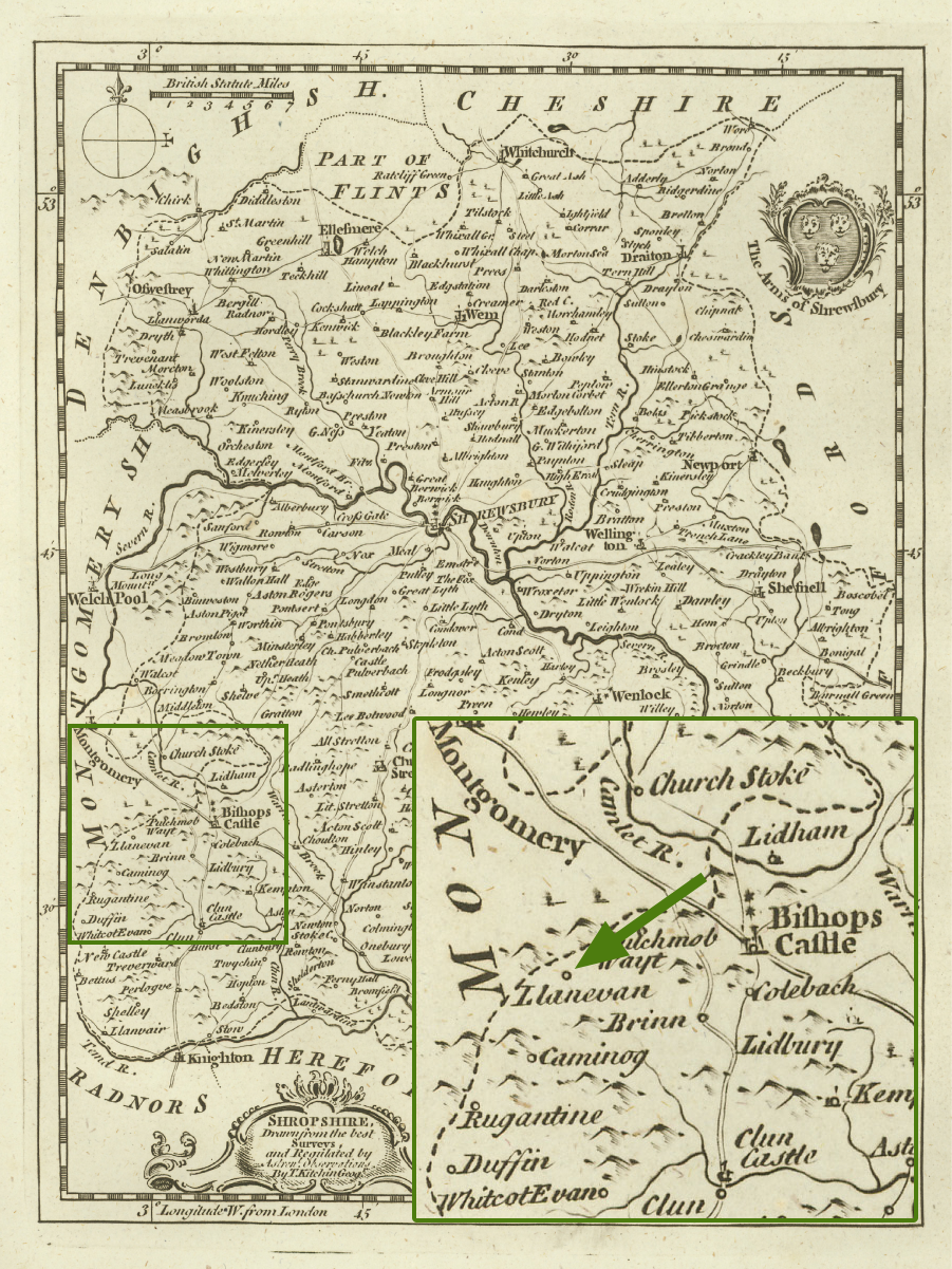 An image of an 18th-century black and white map of Shropshire. A green box highlights the region around Mainstone, a larger box with a scaled view of the area shows a point named 'Llanevan' (Llanifan). A green arrow points to the location.
