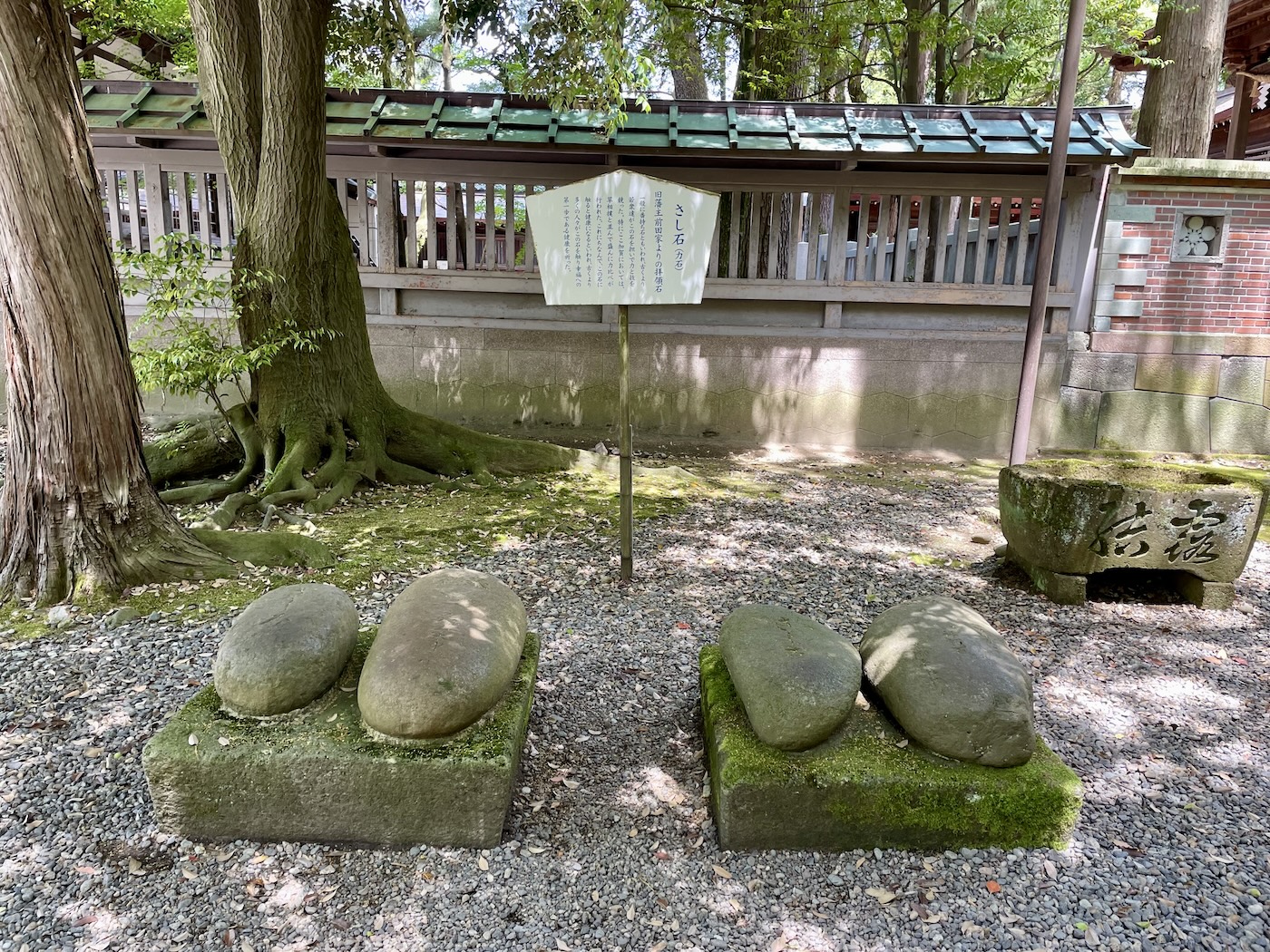 Two pairs of stones are mounted to low square-shaped plinths. A sign in the background has a little information about the stones.