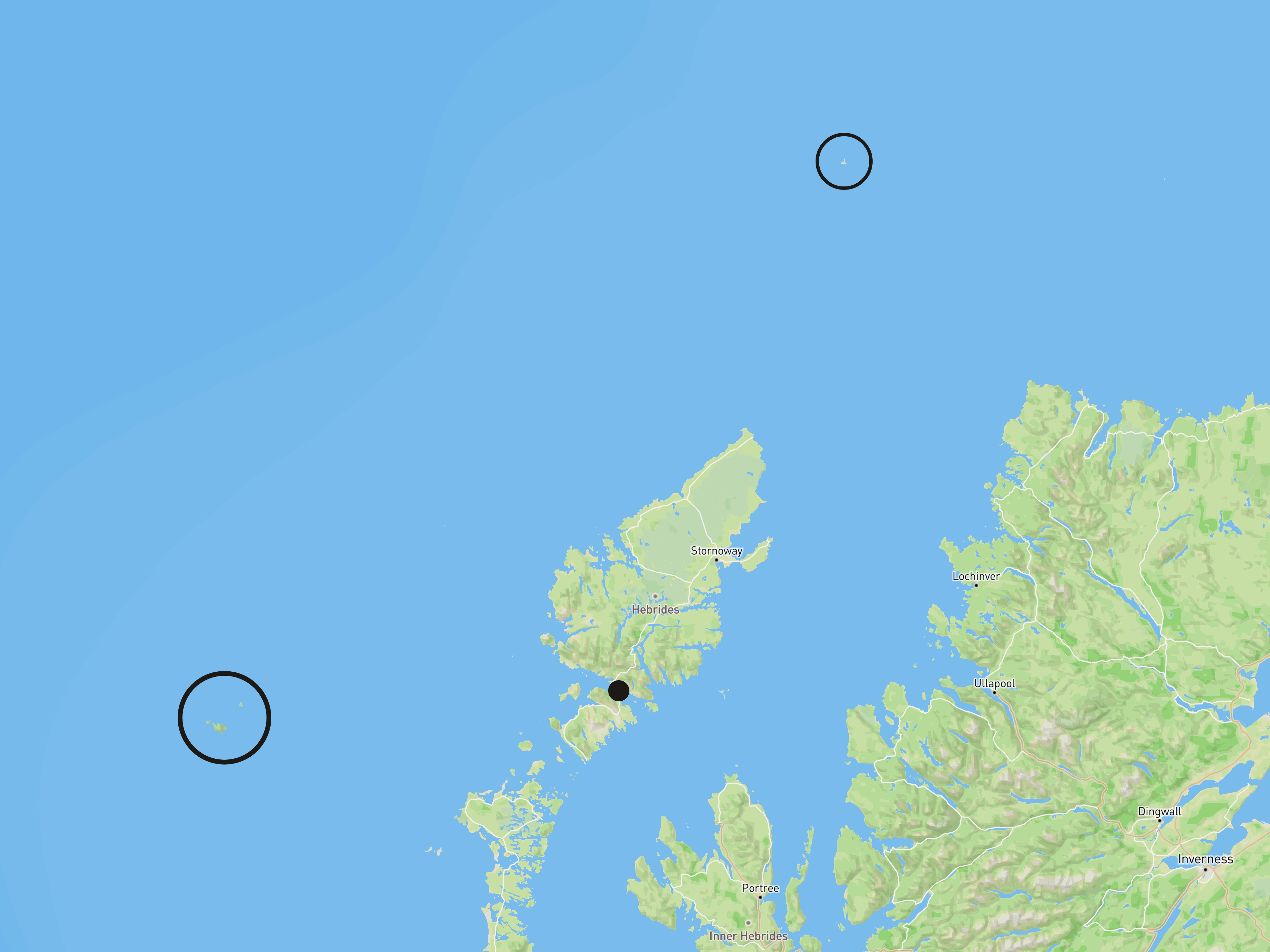 A digital map showing the relationship between the islands in MacLeod's journey. Harris is highlighted with a black dot, St. Kilda to the west is highlighted with a black ring, and Rona to the far north has a smaller black ring.