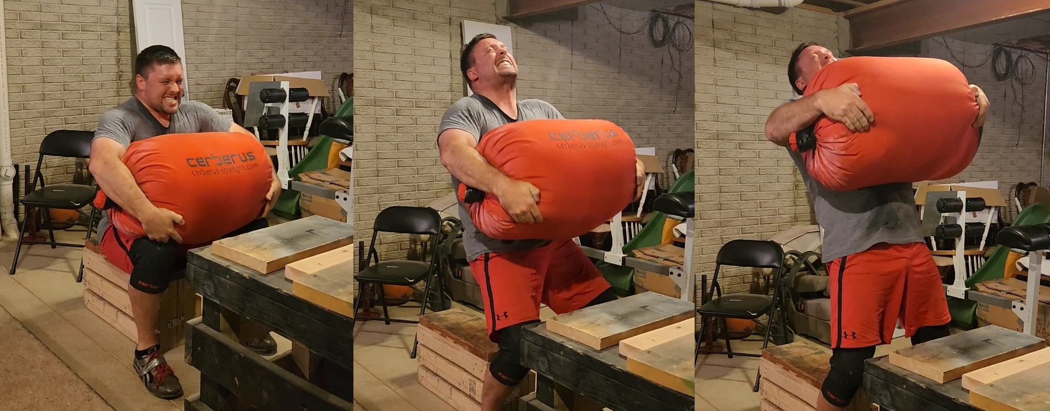 A three-image stitch of Sean performing a sandbag box squat.