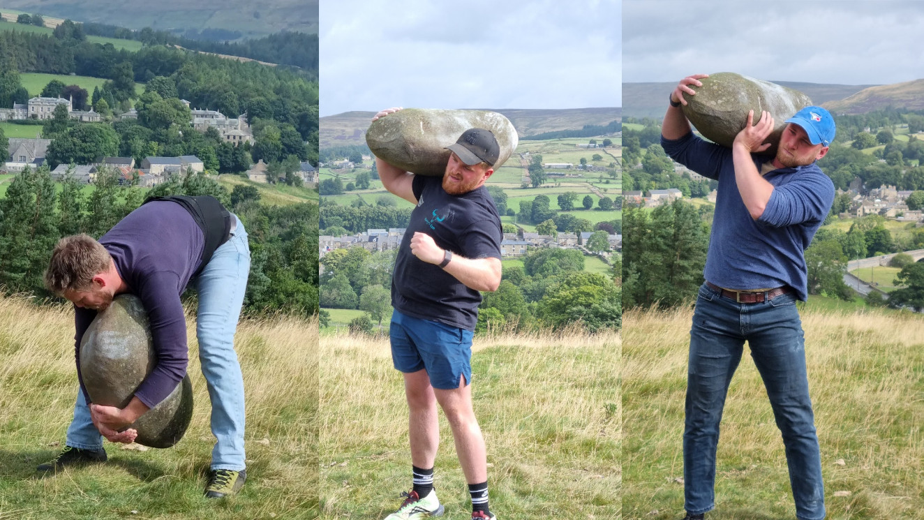 A stitch of three vertical photos. Each image shows a man lifting the Teesdale Feat Stone. On the left is Calum's bearhug lift - he's bent over with the stone wrapped in his arms. In the middle and right-hand images, Harry and Jono hold the stone on their right shoulder.