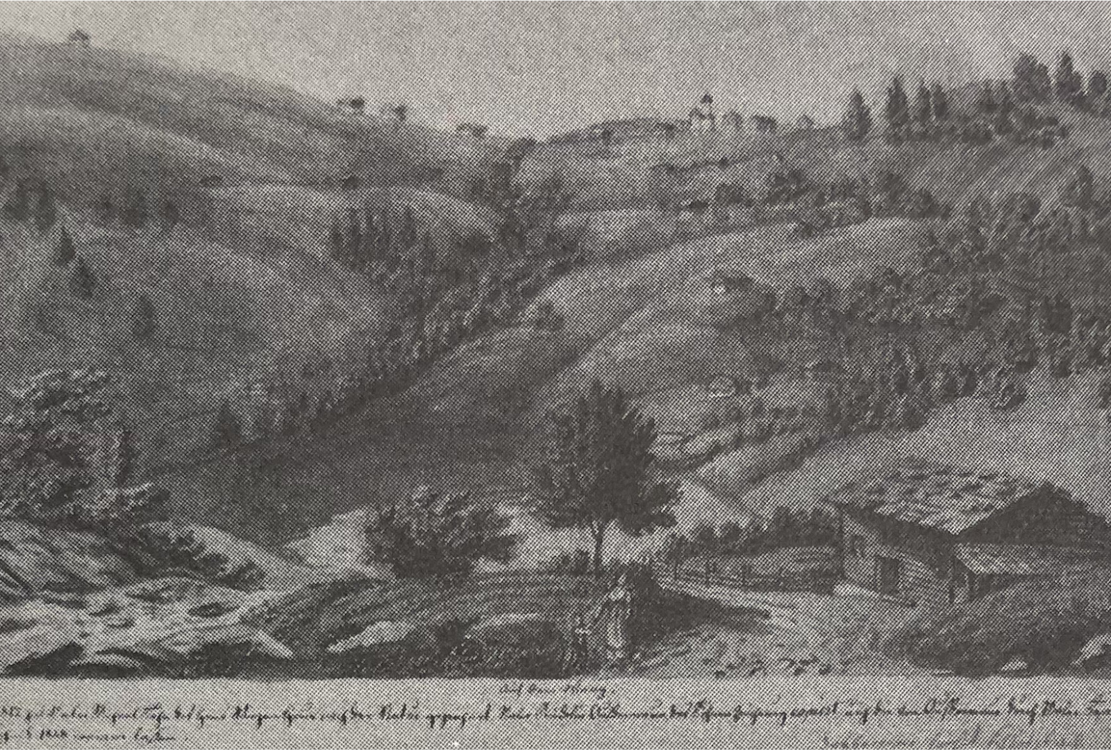 An artwork showing a landscape. On the bottom right-hand corner of the image, there's a wooden house with rocks evenly covering the roof.