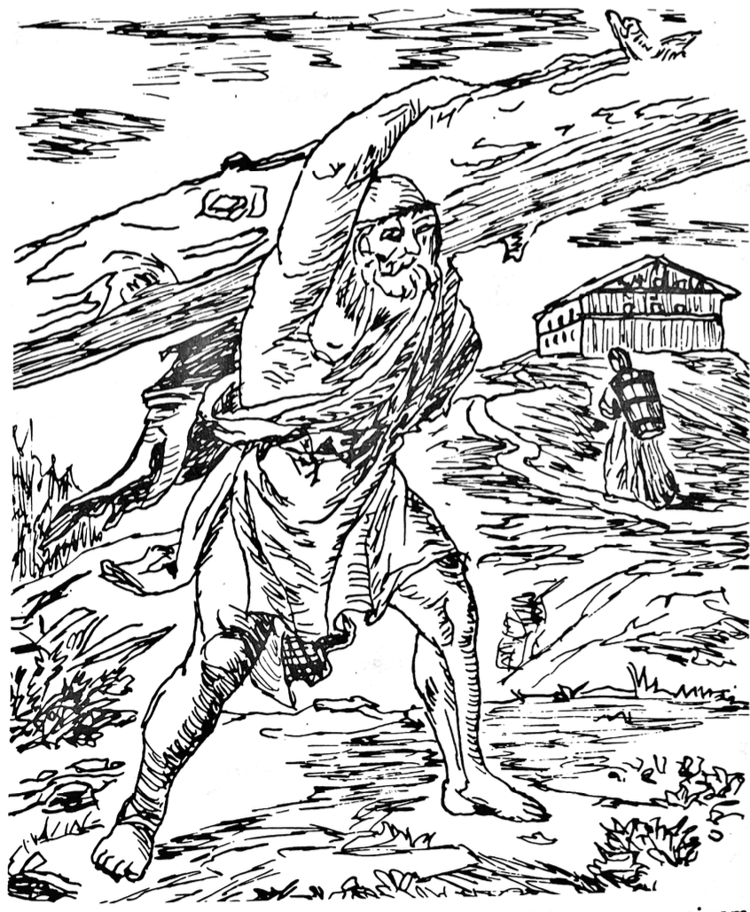 An ink drawing of a giant man carrying a tree trunk on his left shoulder. His right arm is hooked over the top of the trunk. In the background up a hill, a wooden building is visible.