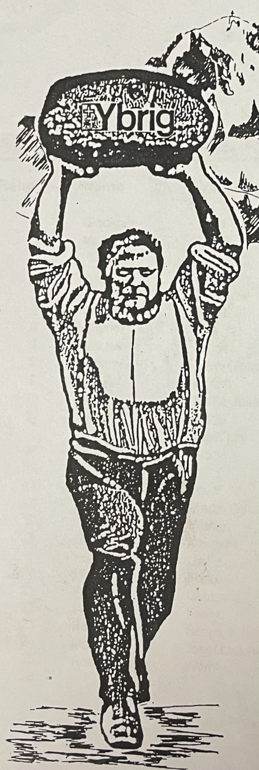 A print of a giant man with his arms held above his head with the Ybrig Stone in his hands. The man is stepping forward towards the viewer, ready to throw the stone.