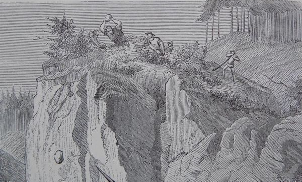 A close-up of the artwork focusing on the characters throwing rocks down a cliff.