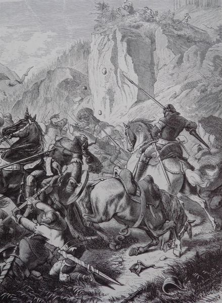 A black and white artwork showing multiple horses carrying men armed with spears. The top half of the image shows a few people throwing rocks from a cliff in defence of the attackers.